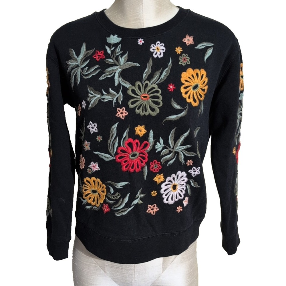 Driftwood Night Blooms Black Floral Embroidered Teddy Sweatshirt Pullover Sz XS